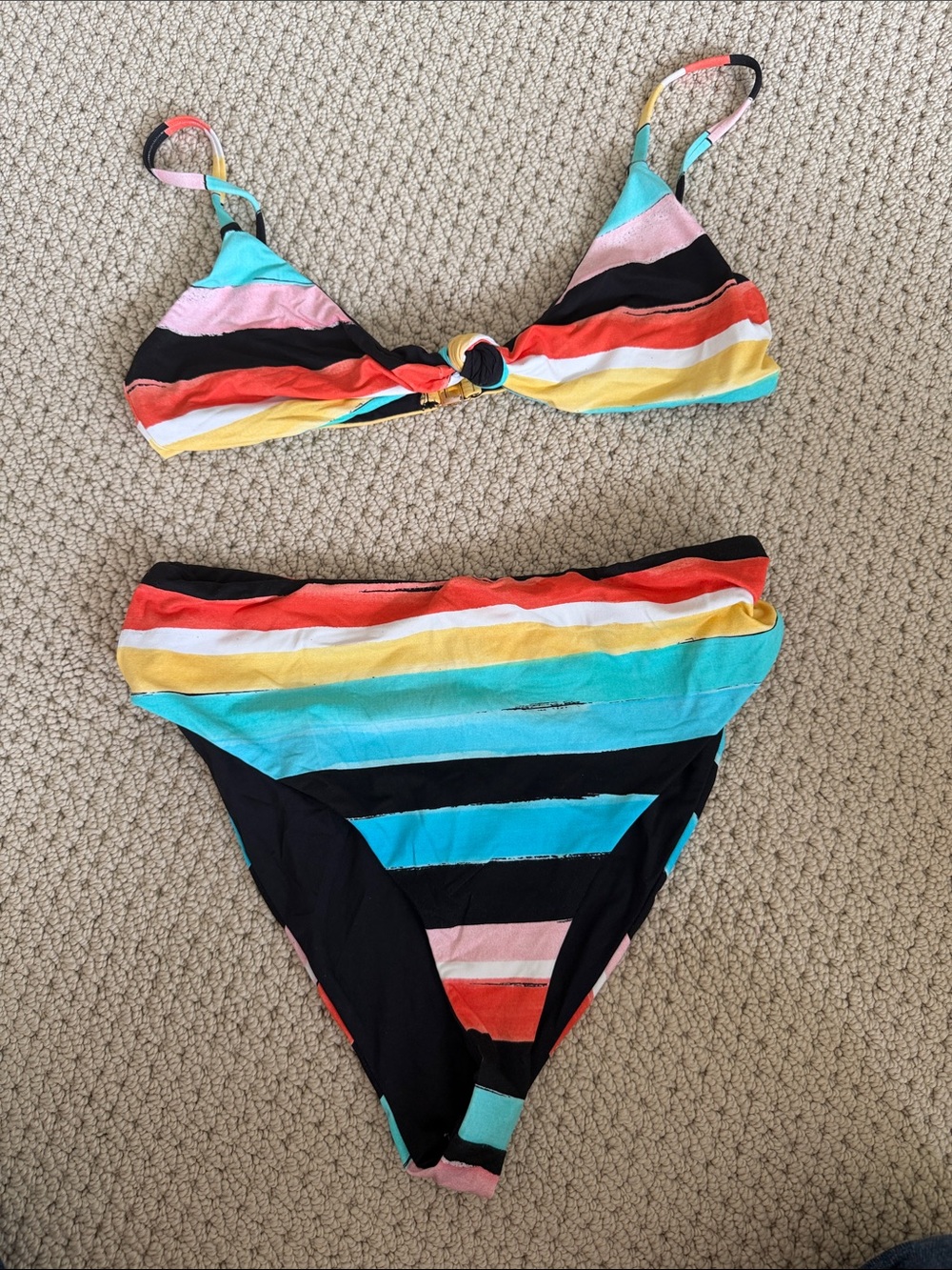 Caroline Constas Black Bikini Bottom with  Coral blue and yellow design
